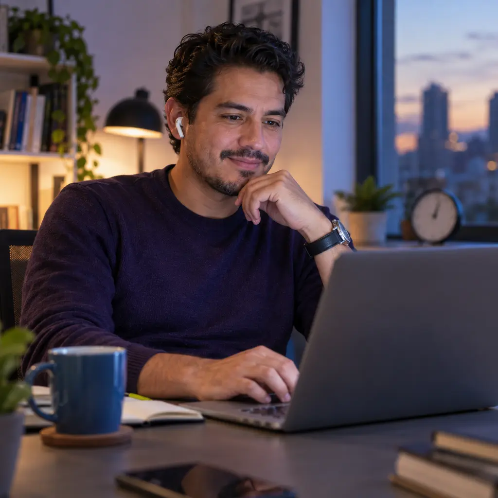 Profesional estudiando inglés online en un horario flexible