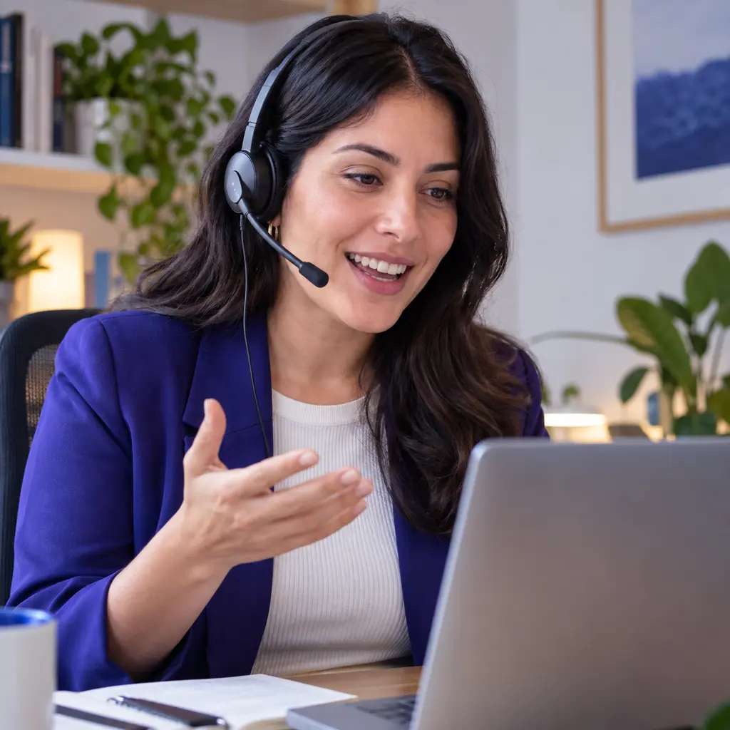 Profesora guiando una sesión de inglés online en vivo